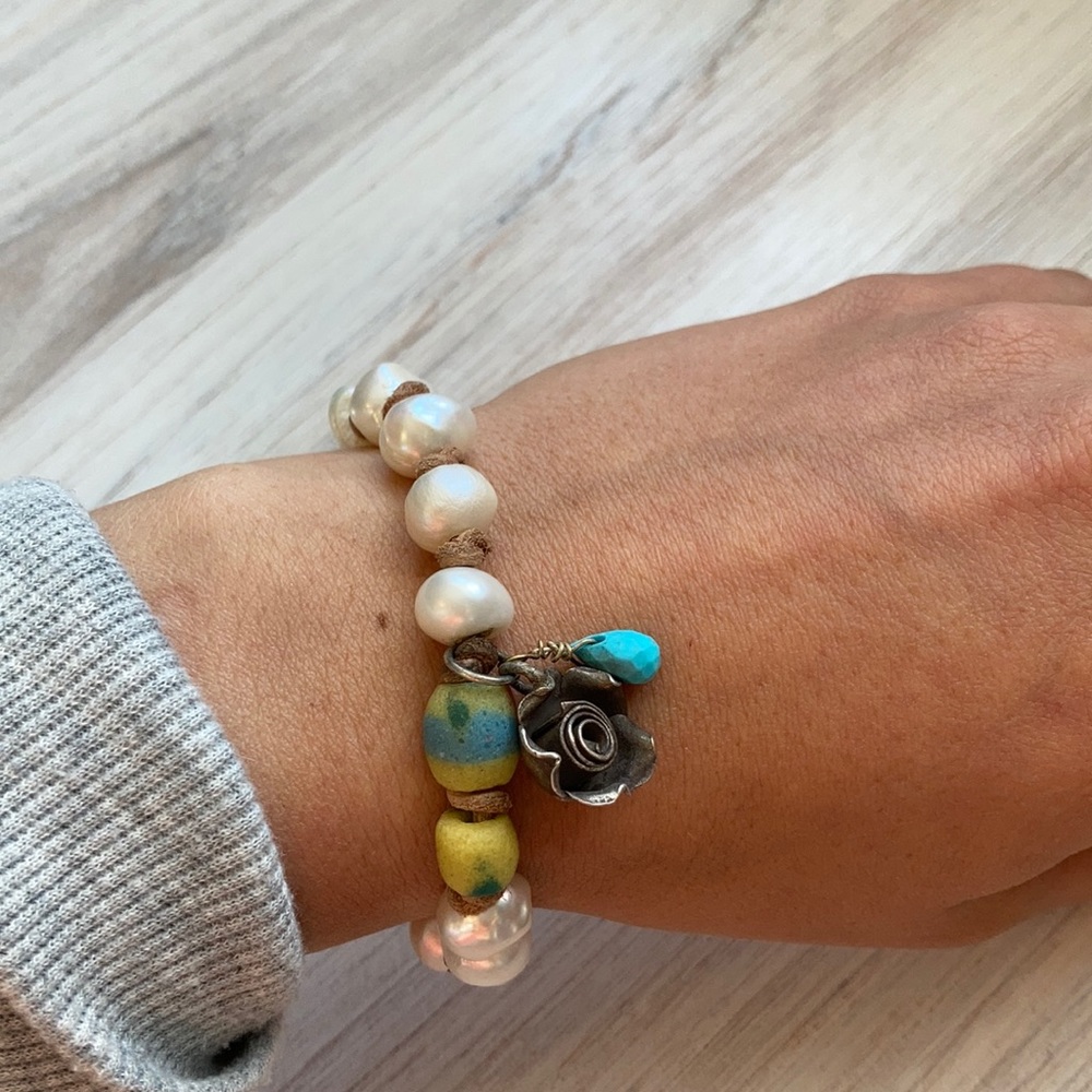 Leather, pearl, African trade bead bracelet